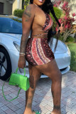 Multicolor Fashion Sexy Print Bandage Backless O Neck Sleeveless Two Pieces