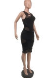Light Blue Sexy Solid Mesh O Neck Pencil Skirt Dresses