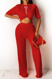 Red Fashion Casual Print Basic O Neck Short Sleeve Two Pieces