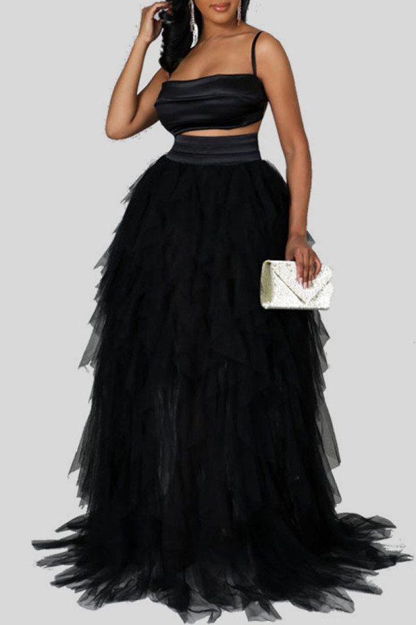 Black Sexy Solid Patchwork Asymmetrical Spaghetti Strap Sleeveless Two Pieces