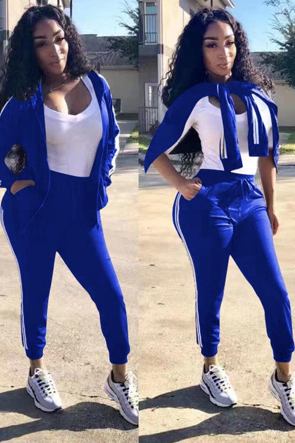Blue Casual Two Piece Suits Solid Straight Long Sleeve