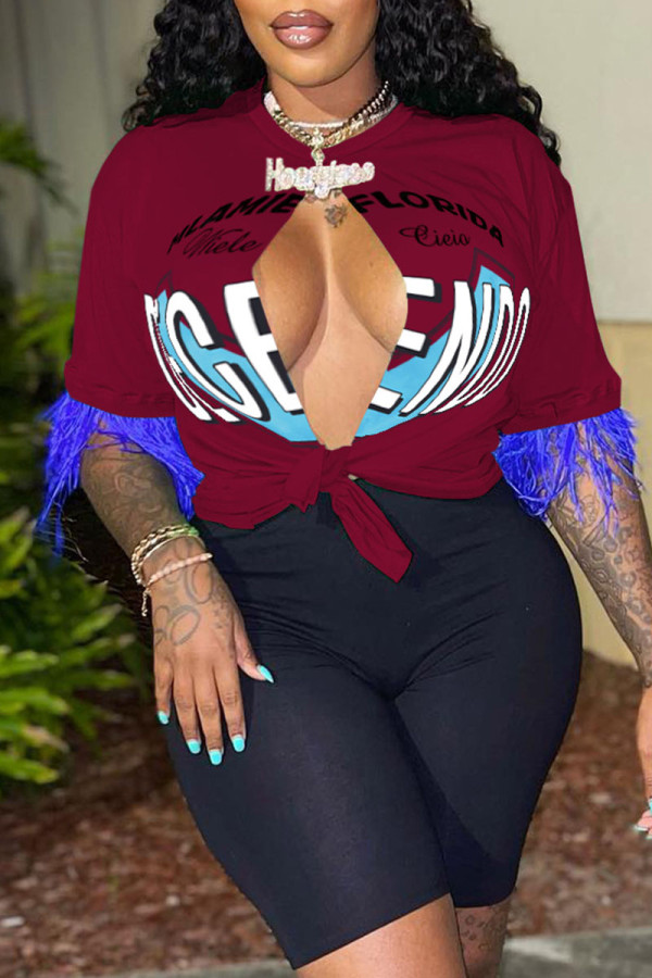 Burgundy Casual Print Tassel Hollowed Out Patchwork Slit O Neck T-Shirts