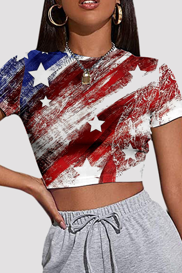 Dark Red Fashion Casual Print Patchwork O Neck T-Shirts