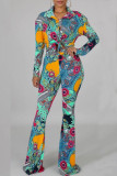 Cyan Casual Print Patchwork Buckle Turndown Collar Long Sleeve Two Pieces