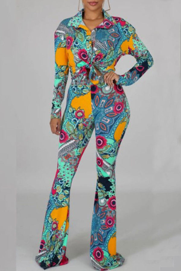 Cyan Casual Print Patchwork Buckle Turndown Collar Long Sleeve Two Pieces