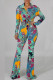 Cyan Casual Print Patchwork Buckle Turndown Collar Long Sleeve Two Pieces