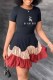 Black Fashion Sweet Print Patchwork Letter O Neck Pleated Dresses
