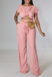 Pink Casual Solid Patchwork O Neck Short Sleeve Two Pieces