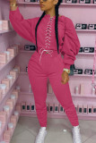 Pink Fashion Adult Elegant Solid Bandage O Neck Long Sleeve Regular Sleeve Regular Two Pieces