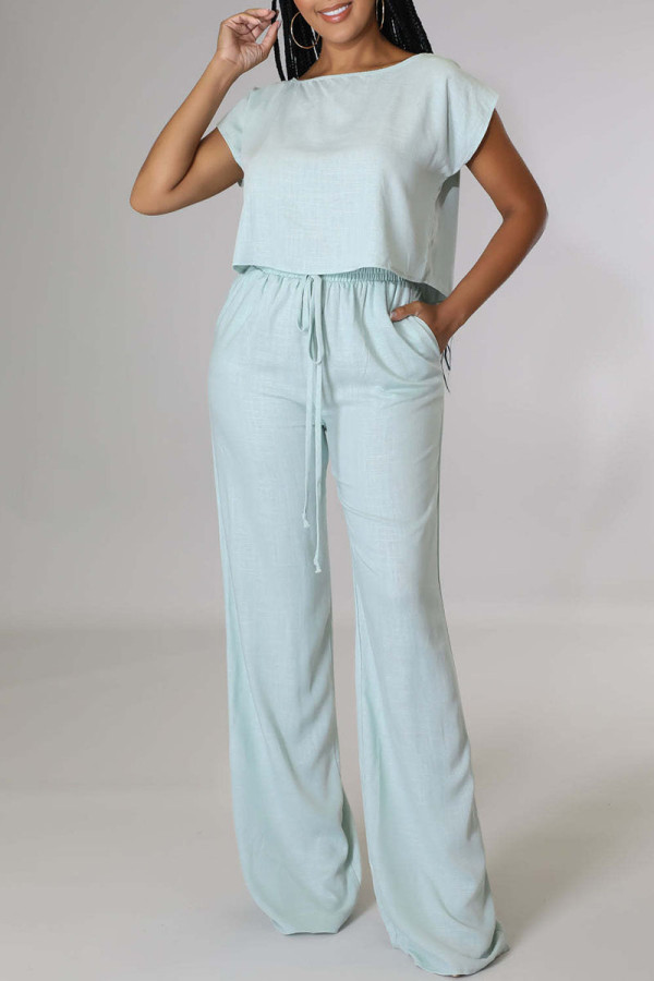 Baby Blue Casual Solid Patchwork O Neck Short Sleeve Two Pieces