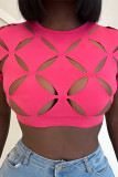 Rose Red Fashion Sexy Solid Hollowed Out O Neck T-Shirts