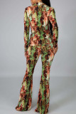 Cyan Casual Print Patchwork Buckle Turndown Collar Long Sleeve Two Pieces