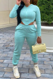 Turquoise Casual Sportswear Spandex Solid Pants Basic Hooded Collar Long Sleeve Regular Sleeve Short Two Pieces