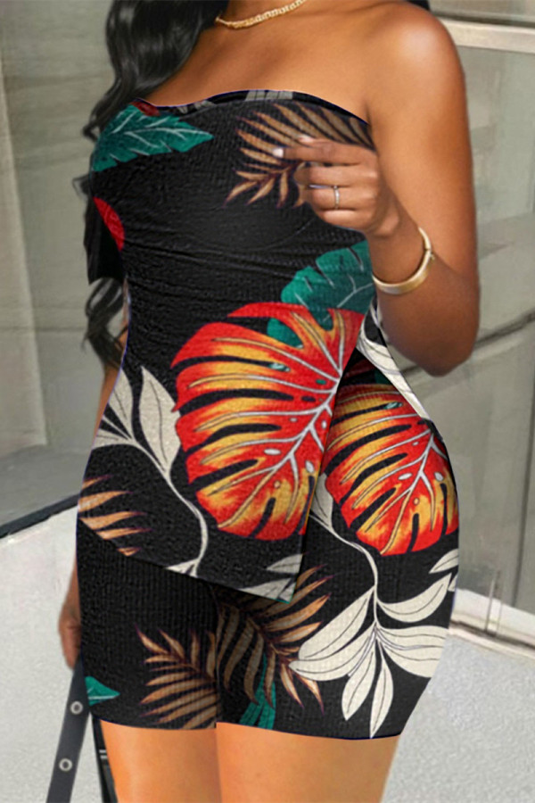 Black Fashion Sexy Print Backless Slit Strapless Sleeveless Two Pieces
