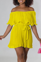 Yellow Casual Solid Patchwork Fold Off the Shoulder Straight Rompers