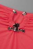 Rose Red Sexy Solid Patchwork Strapless Sleeveless Two Pieces