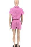 Pink Casual Solid Patchwork Buckle Turndown Collar Short Sleeve Two Pieces