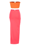 Rose Red Sexy Solid Patchwork Strapless Sleeveless Two Pieces