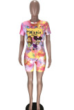 Yellow Fashion Active Patchwork Print Tie Dye Two Piece Suits Straight Short Sleeve Two Pieces