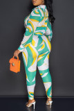 Green Fashion Casual Print Patchwork Buckle Turndown Collar Long Sleeve Two Pieces