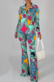 Cyan Casual Print Patchwork Buckle Turndown Collar Long Sleeve Two Pieces