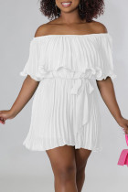 White Casual Solid Patchwork Fold Off the Shoulder Straight Rompers
