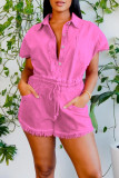 Pink Casual Solid Patchwork Buckle Turndown Collar Short Sleeve Two Pieces