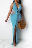 Blue Sexy Solid Hollowed Out Halter Irregular Dress Dresses