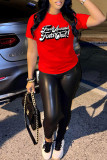 Red Fashion Casual Letter Print Patchwork O Neck T-Shirts