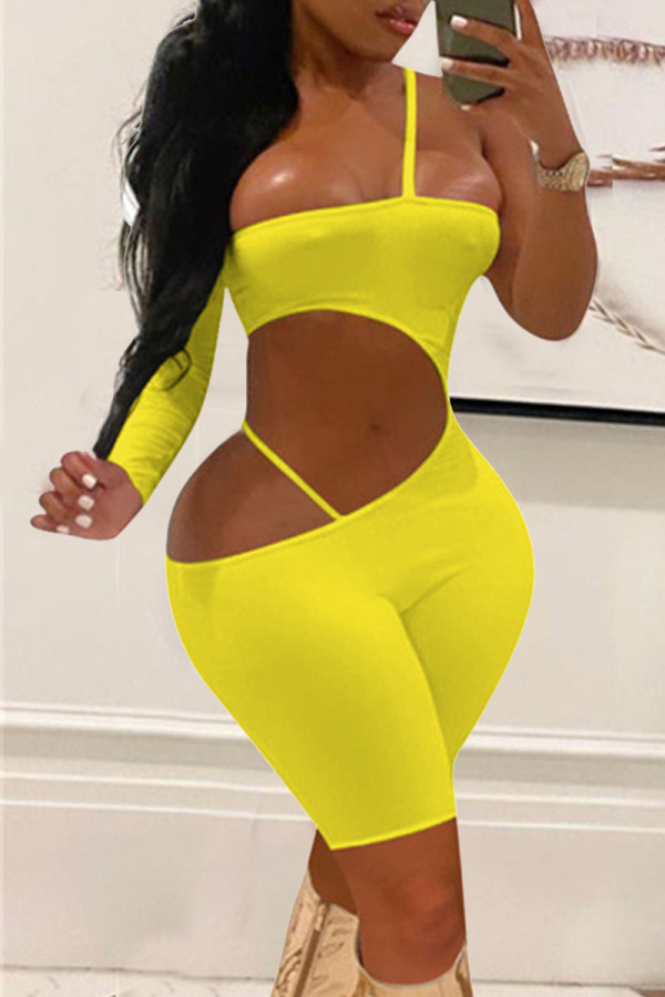 Yellow Sexy Solid Hollowed Out Patchwork Strapless Skinny Rompers