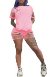 Pink Fashion Sexy adult Patchwork Solid Hole Burn-out Two Piece Suits HOLLOWED OUT pencil Short Sleeve Two Pieces