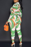 Green Fashion Casual Print Patchwork Buckle Turndown Collar Long Sleeve Two Pieces