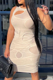Light Blue Sexy Solid Mesh O Neck Pencil Skirt Dresses