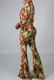 Cyan Casual Print Patchwork Buckle Turndown Collar Long Sleeve Two Pieces