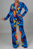 Cyan Casual Print Patchwork Buckle Turndown Collar Long Sleeve Two Pieces