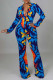 Royal Blue Casual Print Patchwork Buckle Turndown Collar Long Sleeve Two Pieces