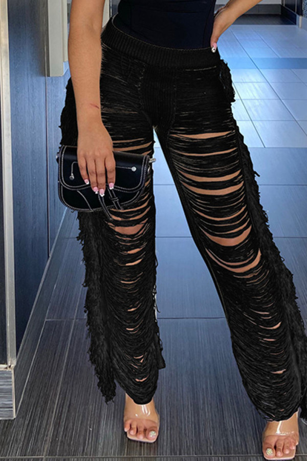 Black Sexy Solid Tassel Hollowed Out Patchwork High Waist Straight Solid Color Bottoms