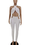 White Sexy Solid Bandage Patchwork Halter Sleeveless Two Pieces