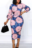 Blue Casual Elegant Print Patchwork O Neck Pencil Skirt Dresses(Contain The Belt)