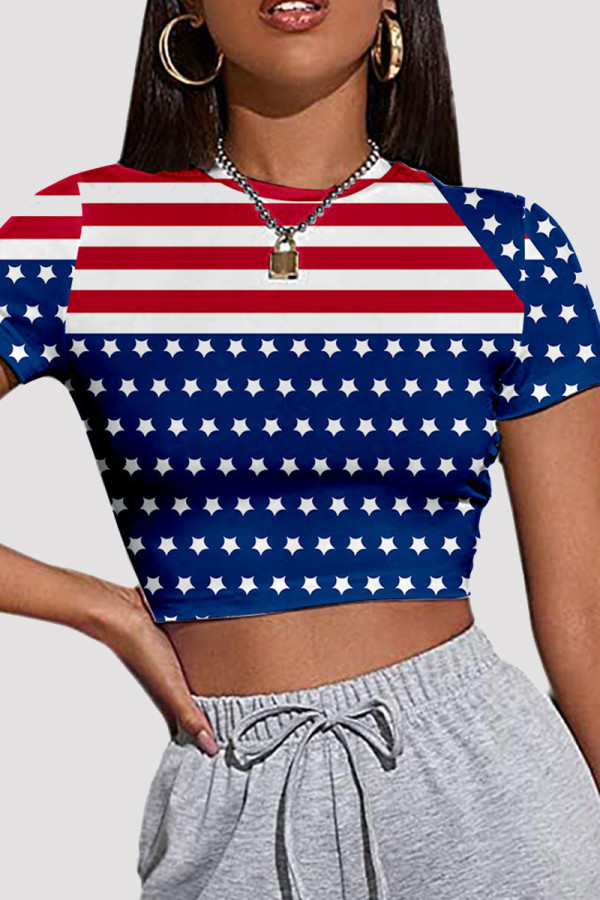 Blue Red Fashion Casual Print Patchwork O Neck T-Shirts