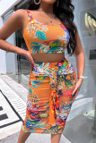 Orange Sexy Casual Print Patchwork U Neck Sleeveless Two Pieces