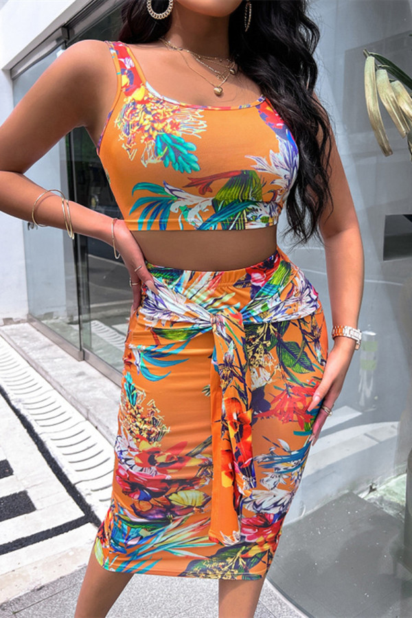 Orange Sexy Casual Print Patchwork U Neck Sleeveless Two Pieces