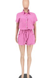 Pink Casual Solid Patchwork Buckle Turndown Collar Short Sleeve Two Pieces