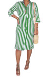 Green Fashion Casual adult Red Black Blue Green Yellow purple Cap Sleeve Half Sleeves Notched Step Skirt Knee-Length Striped Print Patchwork fastener Dresses
