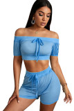 Blue Fashion Sexy adult Ma'am Patchwork Solid Two Piece Suits Straight Short Sleeve Two Pieces