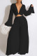 Black Sexy Solid Bandage Patchwork V Neck Long Sleeve Two Pieces