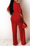Red Fashion Casual Print Basic O Neck Short Sleeve Two Pieces