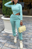 Turquoise Casual Sportswear Spandex Solid Pants Basic Hooded Collar Long Sleeve Regular Sleeve Short Two Pieces