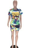 Fluorescent green Fashion Active Patchwork Print Tie Dye Two Piece Suits Straight Short Sleeve Two Pieces
