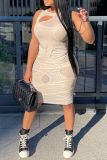 Light Blue Sexy Solid Mesh O Neck Pencil Skirt Dresses